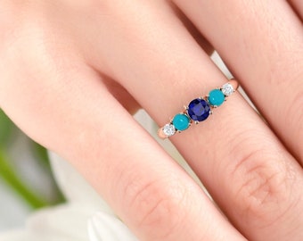 Sapphire ring. Eternity ring. Engagement ring. Cocktail ring. Sapphire, turquoise and diamond ring. Rose gold ring.