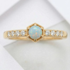 Opal Diamond Ring, Vintage Inspired, 14K or 18K Gold Engagement Ring