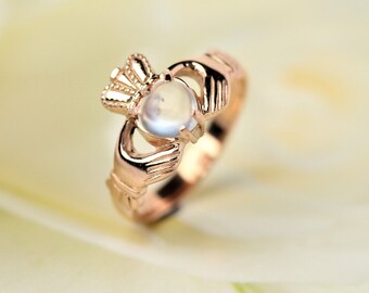 Ladies claddagh ring, real Irish jewelry with sparkling real moonstone
