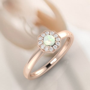 Diamond and opal engagement ring. Opal eternity wedding ring. Available in 14K / 18K yellow, rose, white or platinum.