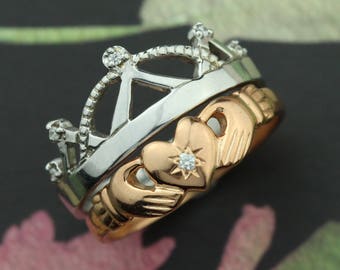 Rose gold Claddagh ring with matching white gold diamond crown ring. Claddagh ring set, Irish claddagh rings.