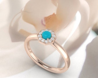 Diamond and turquoise engagement ring. Honeycomb pink turquoise and diamond ring. Available in 14K / 18K yellow, rose, white or platinum.
