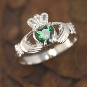 Claddagh ring. Ladies claddagh ring, real Irish jewelry with sparkling Green Cubic Zirconia. Irish ring. Engagement ring. Promise ring.