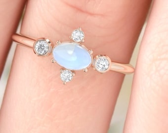 Moonstone engagement ring. Moonstone and diamond cluster. Eternity ring. Wedding ring. 14K / 18K / Platinum.