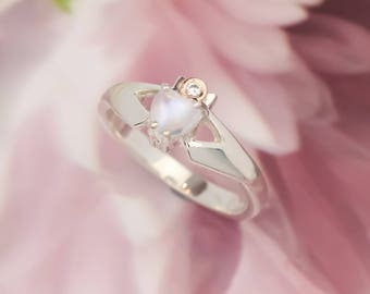 Claddagh ring, moonstone and diamond engagement ring. Real diamond set in a rose gold bezel crown. Moonstone ring. Wedding ring.