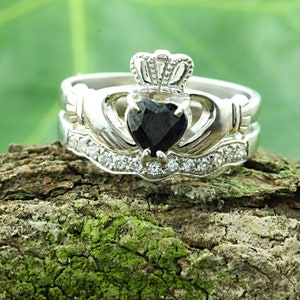 Claddagh ring. Real black Sapphire Irish claddagh ring set with matching band. Sapphire engagement ring.