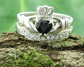 Claddagh ring. Real black Sapphire Irish claddagh ring set with matching band. Sapphire engagement ring.