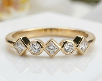 Dainty Diamond Eternity Ring, Round & Princess Cut, 14K or 18K Gold