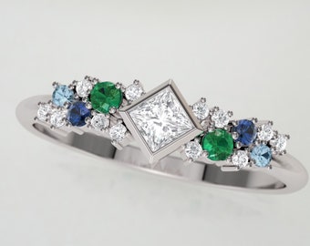 Princess diamond ring. Diamond, emerald sapphire and topaz eternity ring.  Wedding ring. 14K / 18K / Platinum.