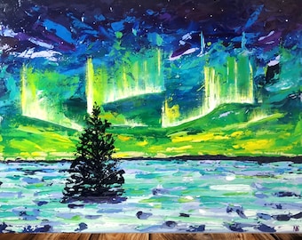 Northern Lights Aurora Borealis Original Art Painting on Canvas Landscape Painting Vivid Colours
