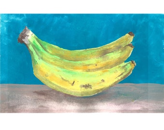 Bunch of Bananas Blue Background Fruit Still Live Bold Watercolour Gouache Print of Original Artwork A5A4 Sizes available
