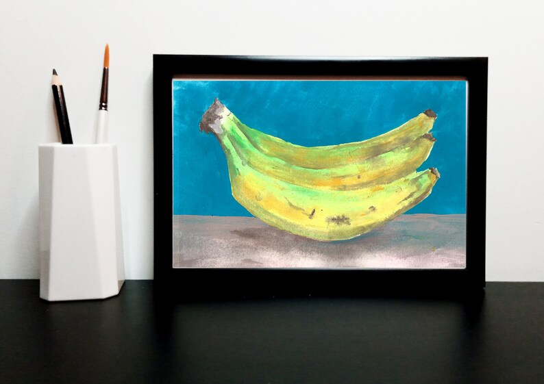 Bunch of Bananas Blue Background Fruit Still Live Bold Watercolour Gouache Print of Original Artwork A5A4 Sizes available