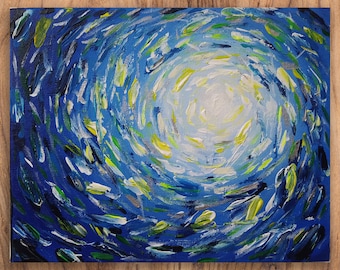 大きな魚の群れの油絵、手描きの水中アート、鮮やかな魚のアート、水中