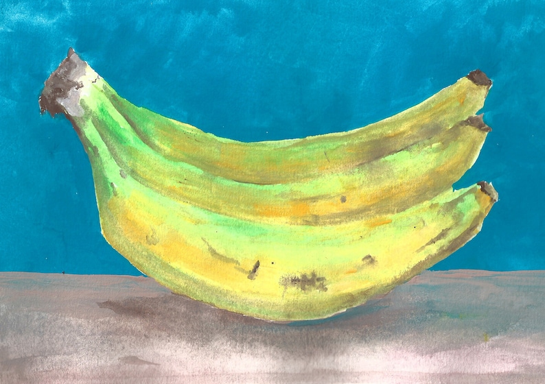 Bunch of Bananas Blue Background Fruit Still Live Bold Watercolour Gouache Print of Original Artwork A5A4 Sizes available