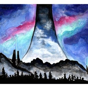 May include: A watercolor painting of a large, white, ring-shaped structure with a blue, pink, and green aurora borealis in the background. The structure is surrounded by a dark, mountainous landscape with a forest in the foreground.