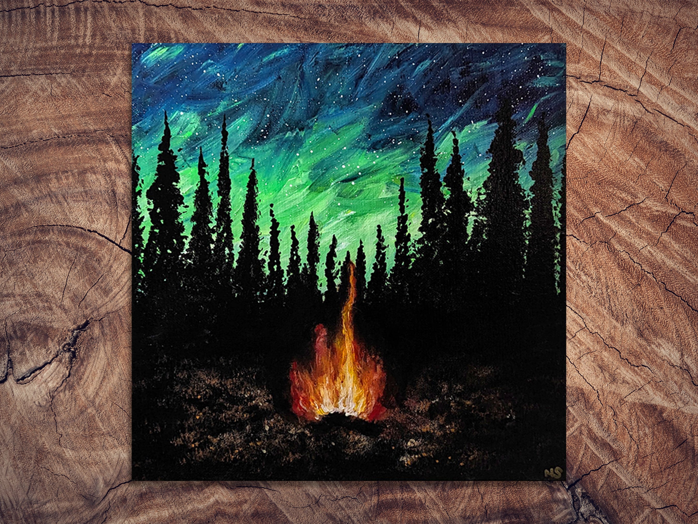 Campfire under Northern Lights Painting on Stretched Canvas Original Artwork