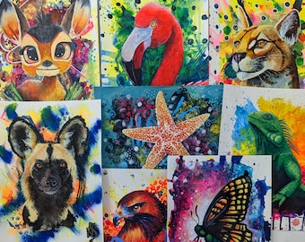 Peintures animalières originales A4 Art animalier | Flamant rose, caracal, aigle, iguane, papillon