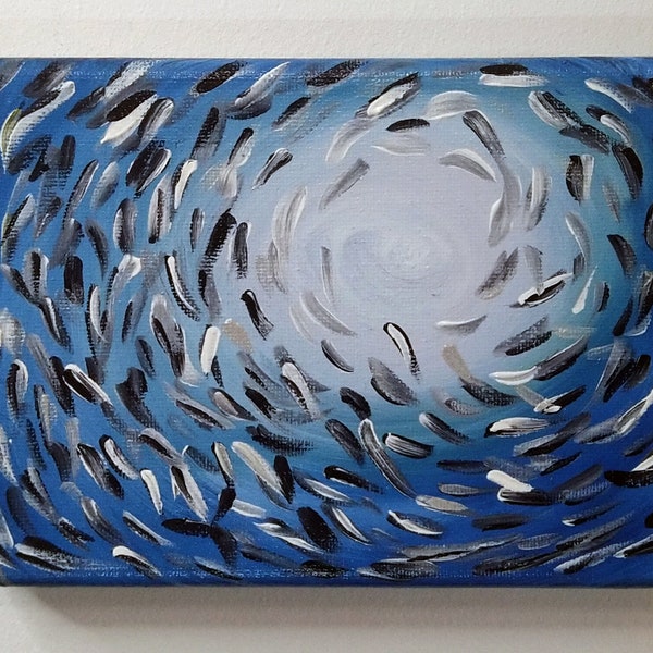 School of Fish Swimming Sardines Painting on Stretched Canvas Size 13 x 18 cm or 5 x 7 inches