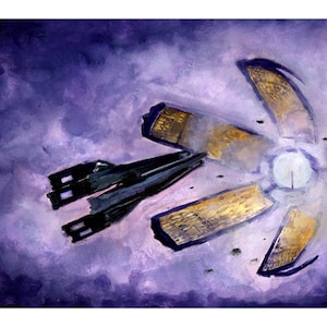 May include: A black spaceship flies past a large, golden, circular object with a white center. The background is a purple watercolor wash.
