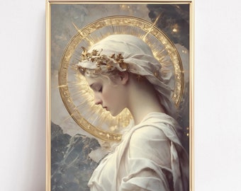 May include: A painting of a woman with a golden halo and a white veil. She is wearing a white dress and has a crown of leaves on her head. The background is a cloudy sky with mountains in the distance.
