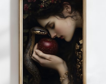 May include: A framed art print depicts a woman with long dark hair, holding a red apple. A snake is coiled nearby. The artwork has a classical style with a gold frame and a dark background.