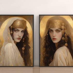 Set of 2 Gold Selene Goddess, Vintage Wall Art, Divine Feminine Art, Art Nouveau, Feminine Art, Pre-Raphaelite Celestial Art, Goddess Art,