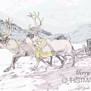 Handgefertigte Weihnachtskarte mit Rentieren, Schlitten und Gitarre * Frohe Weihnachten für eine musikalische Familie oder Freunde