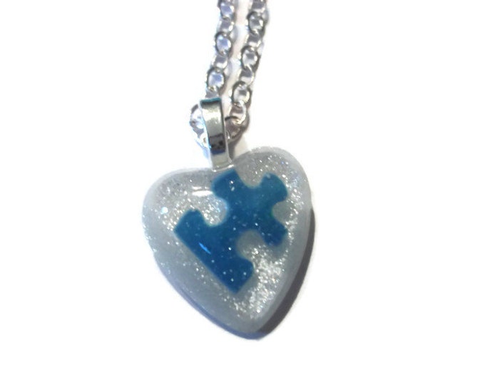 Autism Awareness Heart Puzzle Piece Resin Pendant Necklace, Autism