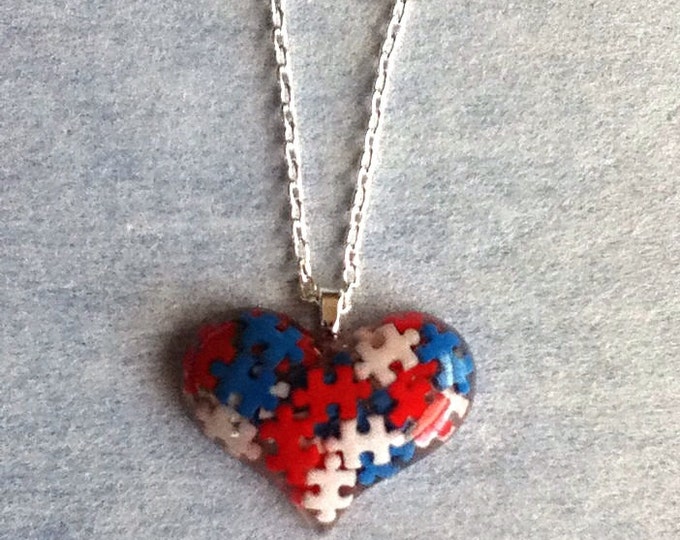 Autism Awareness Heart Puzzle Piece Resin Pendant Necklace, Autism