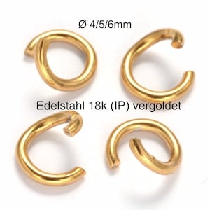 Op de afbeelding: Vier goudkleurige, open springringen. De ringen zijn gebogen en hebben een diameter van 4/5/6mm. De tekst "Edelstahl 18k (IP) vergoldet" is eronder gedrukt.