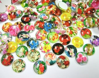 50 Glascabochons 12mm Motiv Blume Glas Cabochons Mix #101