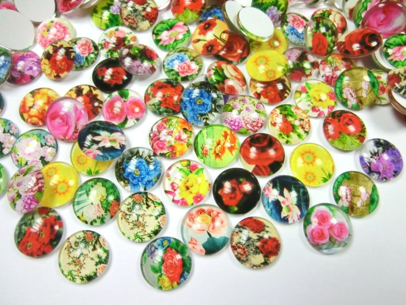 50 Glass Cabochons 12 mm Motif Flower Glass Cabochons Mix 101 image 1