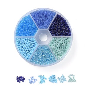 Rocailles 2mm 3mm Perlen Box Mix bunt Glass Seed Beads rund #20 Farbe: Blautöne