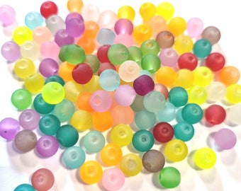 Frosted glass beads, round, matte, mixed colors, iced, 100 pieces, 4/6/8 mm