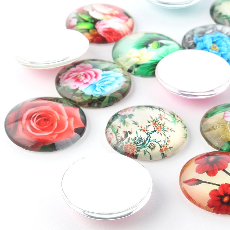 50 Glass Cabochons 12 mm Motif Flower Glass Cabochons Mix 101 image 3