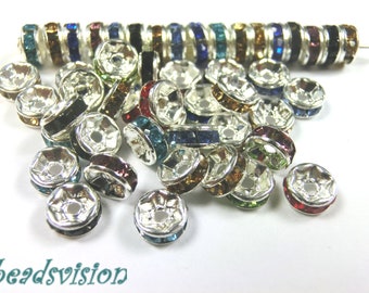 50 Strass Rondelle 6mm Mix Spacer Strassrondelle Metall Strasssteine #S550