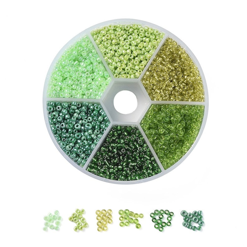 Rocailles 2mm 3mm Perlen Box Mix bunt Glass Seed Beads rund #21 Farbe: Grüntöne