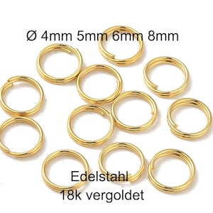 Splitringen, roestvrij staal, 18 karaat verguld, Ø 4 mm, 5 mm, 6 mm, 8 mm, 50-200 springringen, sleutelhangers, dubbele ringen, overlappend