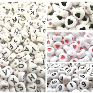 5 - 1000 Letters A-Z Mix Alphabet White Black Round Acrylic Spacer Selection Letter Beads Heart Numbers Single Letter Beads #20