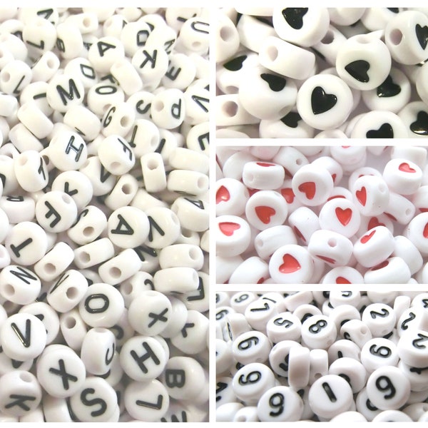 5 - 1000 Buchstaben A-Z Mix Alphabet weiß Schwarz rund Acryl Spacer Auswahl Buchstabenperlen Herz Zahlen Einzelbuchstaben Perlen #20