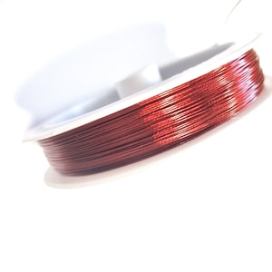 Könnte beinhalten: Eine Spule mit rotem Metallic-Garn, das um eine weiße Kunststoffspule gewickelt ist.