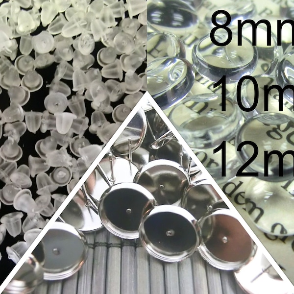 50 Ohrstecker mit 50 klaren Cabochons Ohrringe Farbe silber dunkel Fassungen Rohlinge Kombi Bastelset