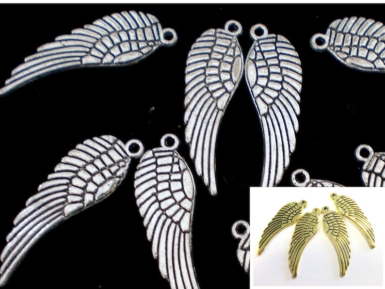15 ailes d'ange WING Charms 30 x 10 mm choix de couleur antique argent or porte-bonheur métal pendentif en métal image 1