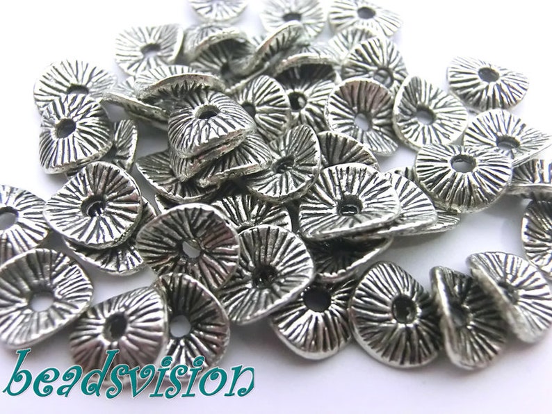 50 wavy discs metal beads spacers 9 x 8 mm round color antique silver S519 image 1