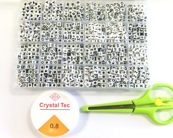 960 Letters Sorted A-Z Mix Alphabet White Cube 6 mm Acrylic Spacer Letter Beads Beads Box Scissors Nylon Ribbon Craft Set