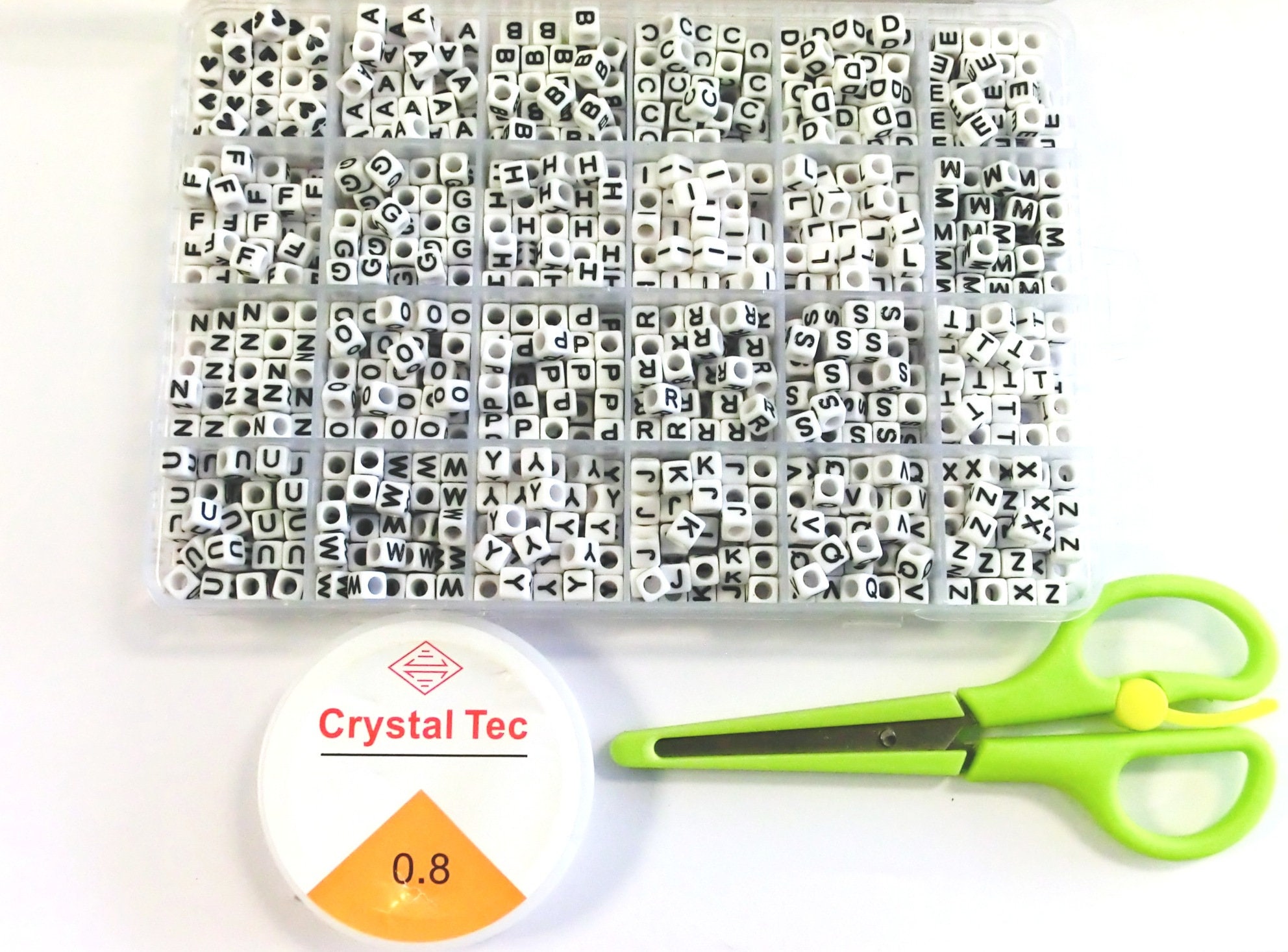 960 Letters Sorted A-Z Mix Alphabet White Cube 6 mm Acrylic Spacer Letter Beads Bead Box Scissors Nylon Ribbon Craft Set