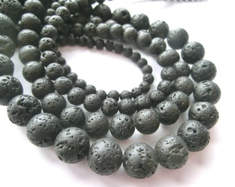 Fil de boules de perles rondes noires de lave 4-12 mm