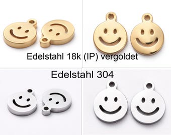 Edelstahl 2 Anhänger Charms lächelndes Gesicht 18k (IP) vergoldet rund klein