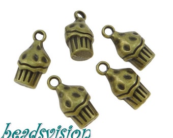 10 Pendant Charms Cup Cake 14.5mm color bronze #S562