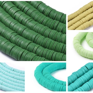 May include: Assortment of colourful round polymer clay beads. The beads are arranged in rows and are available in green, light green, light blue, and turquoise.